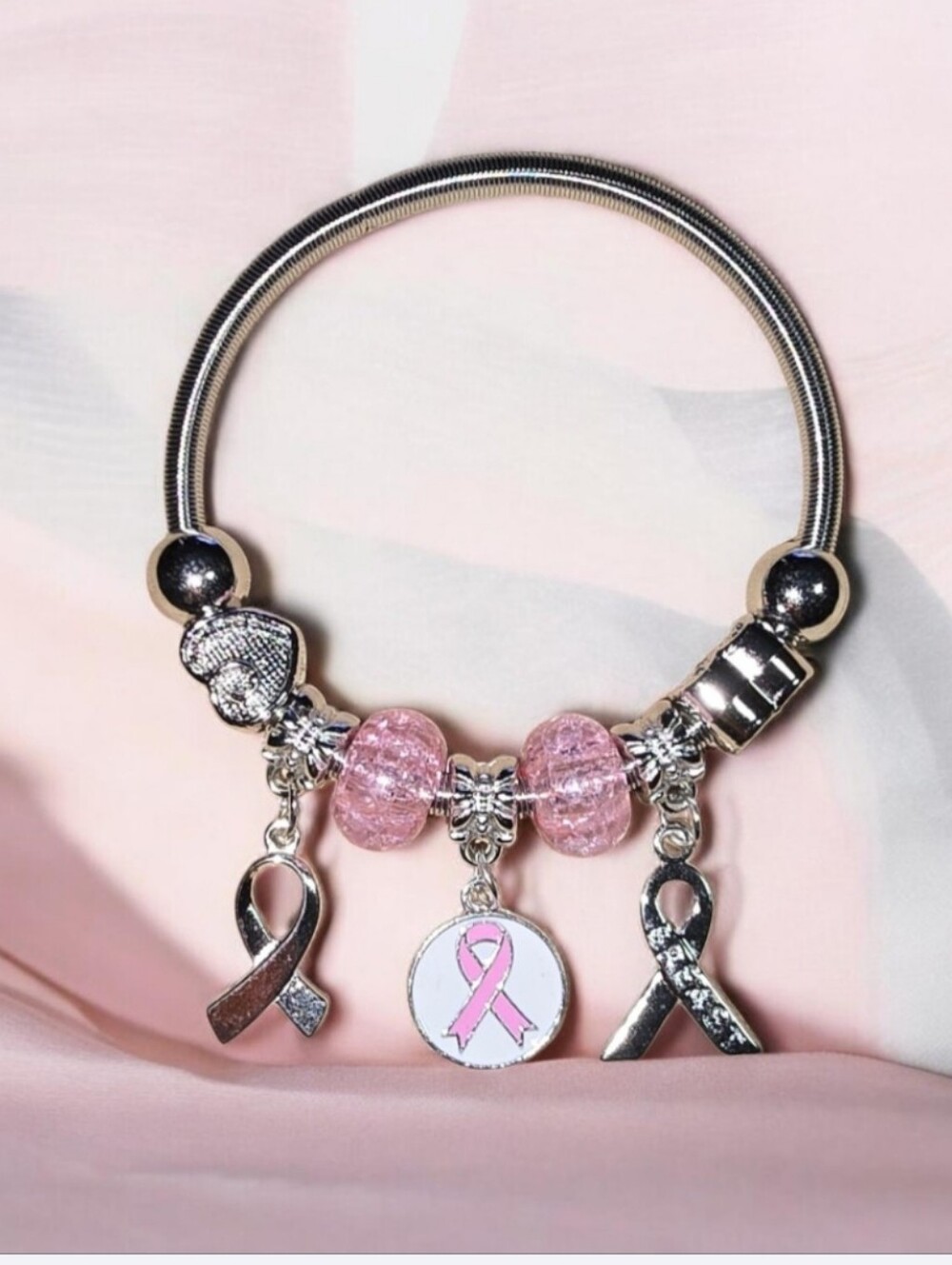 Pink Ribbon Charm Bracelet - Breast Cancer Awareness Women's Jewelry.